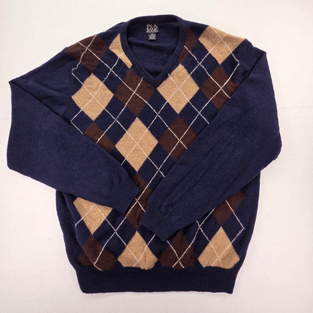 Jos. A. Bank Argyle V-Neck Sweater Mens XXL Navy Blue Lambswool Blend Preppy